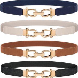 Women Skinny Belt Set of 4 Elastic Waist Belts with Gold Buckle for Dresses